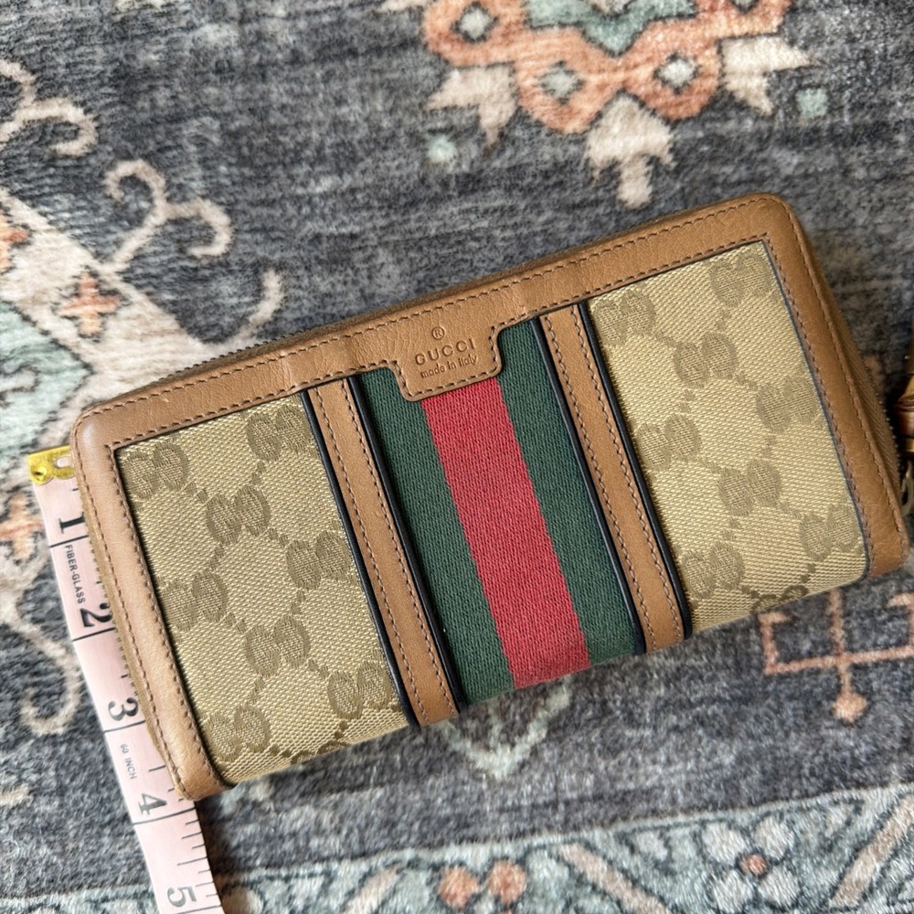 Gucci GG Supreme Monogram Web Ophidia Zip Around Wallet Brown Authentic bamboo - Picture 13 of 16
